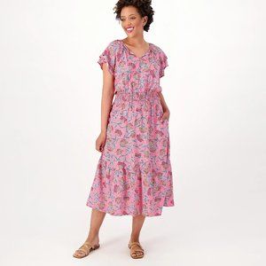 Destination 365 Short-Sleeve Midi Dress w Smocking- Fuchsia (sz) a596751
